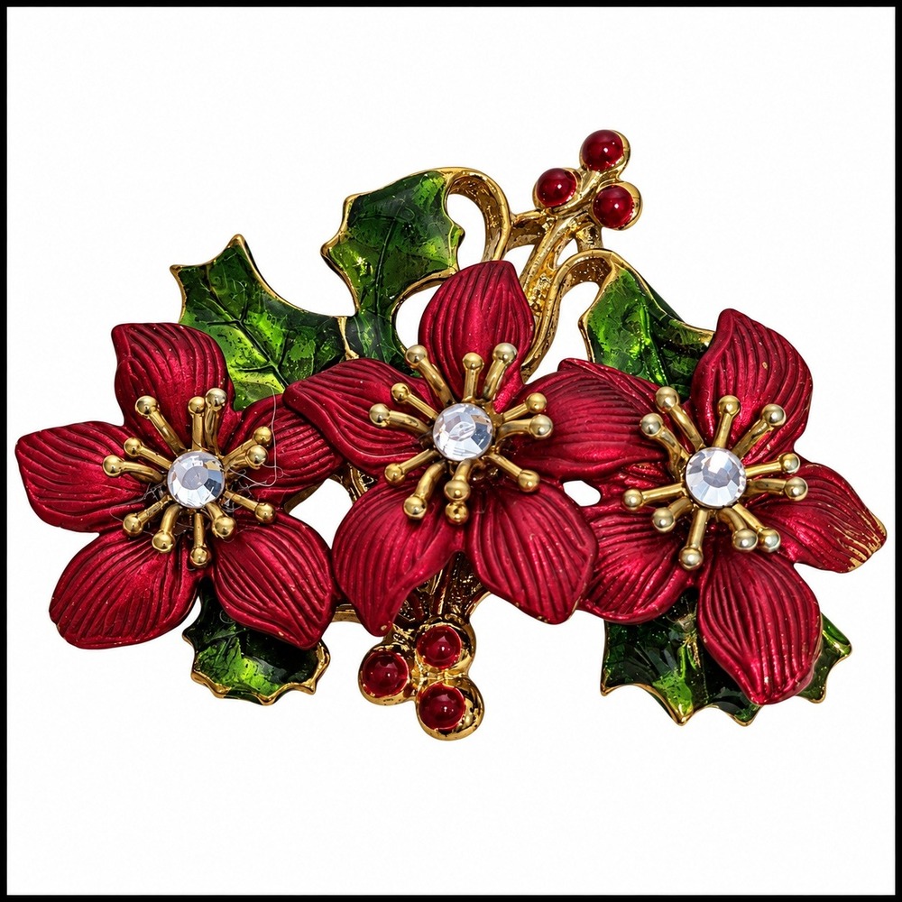 Vintage KC Christmas Poinsettia Brooch Red Green Enamel Rhinestone Holly Pin